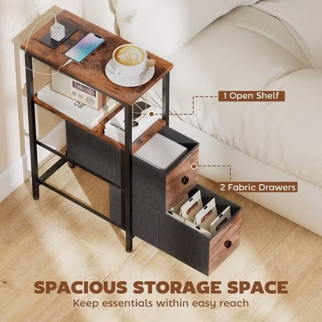 HOMCOM Industrial Narrow Side Table with Charging Station and 2 Drawers, Brown