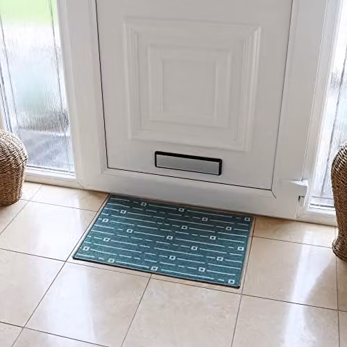 JVL Savio Machine Washable Checked Door Mat, Petrol and Grey, W/D: 40 x 60 cm – 3