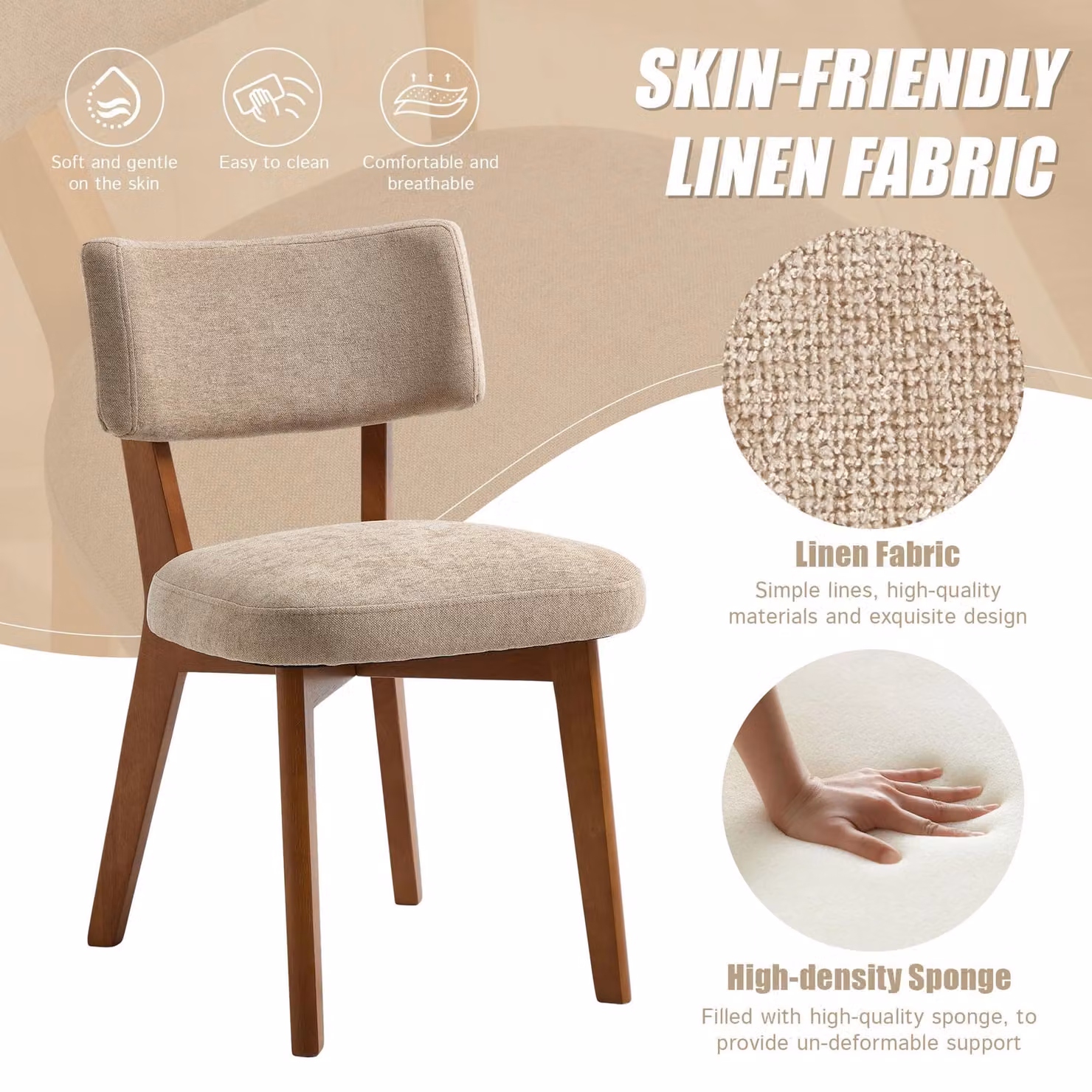 Aosom UK Mid-Century Upholstered Dining Chairs in Beige with High-Density Foam, W/D/H: 54.5 x 47 x 77 cm – 3