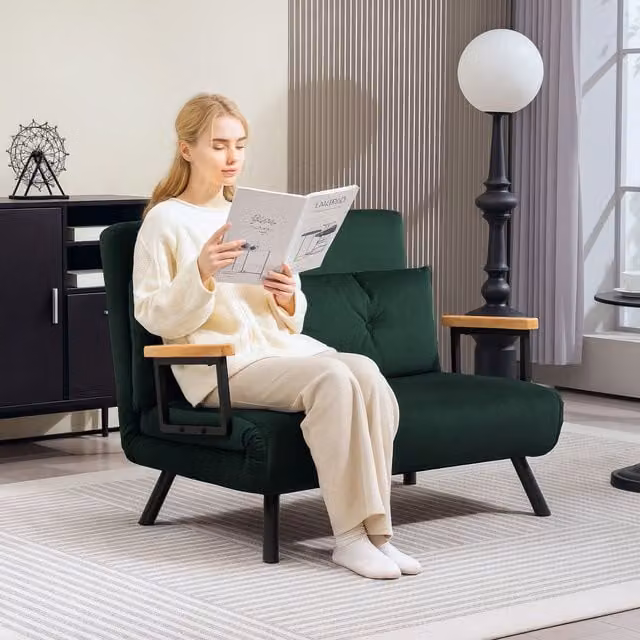 HOMCOM Green Velvet 2 Seater Click Clack Sofa Bed with Metal Frame and Scatter Cushions