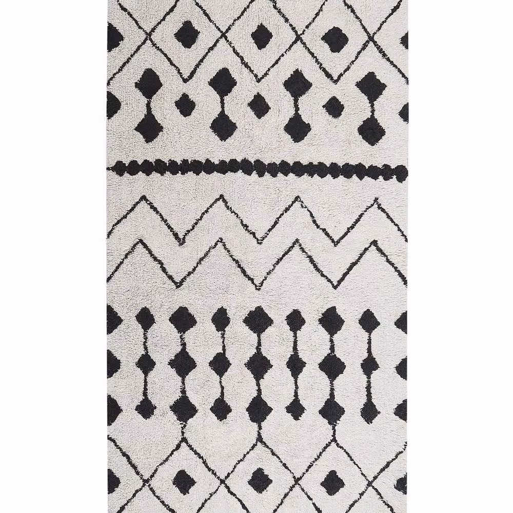 Wyld and Coco Oriental Geometric Hand-Tufted Cotton Rug in White and Black with Fringes, W: 80 cm, L: 150 cm – 2