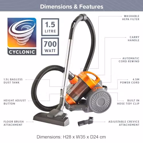 Quest Compact Cyclonic Bagless Vacuum Cleaner in Orange with 1.5L Dust Container and HEPA Filtration – 2