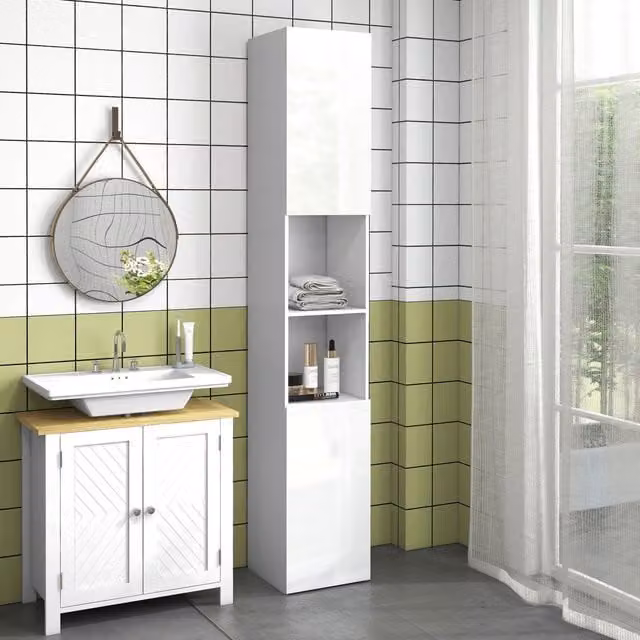 HOMCOM Modern White Glossy Freestanding Bathroom Storage Cabinet with Internal Shelves and Hinged Doors