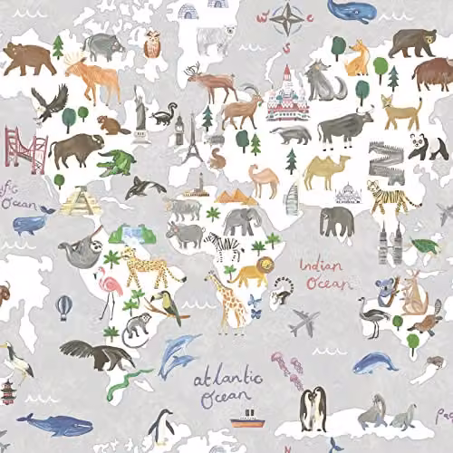 Holden Decor Animal Map World Globe Continents and Landmarks Wallpaper in Grey and Multicolour