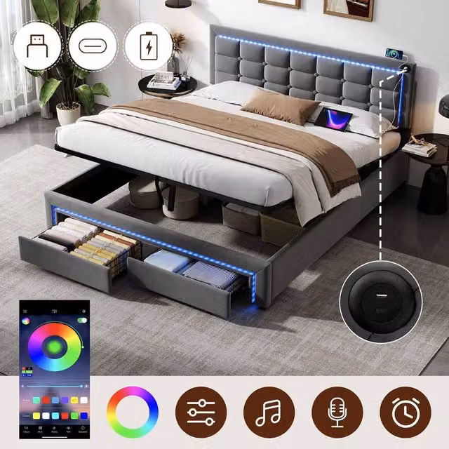 STILVORA Grey Upholstered Double Ottoman Bed Frame with Under-Bed LED Lighting and USB Charging Port, W/D/H: 140 x 200 x 137 cm