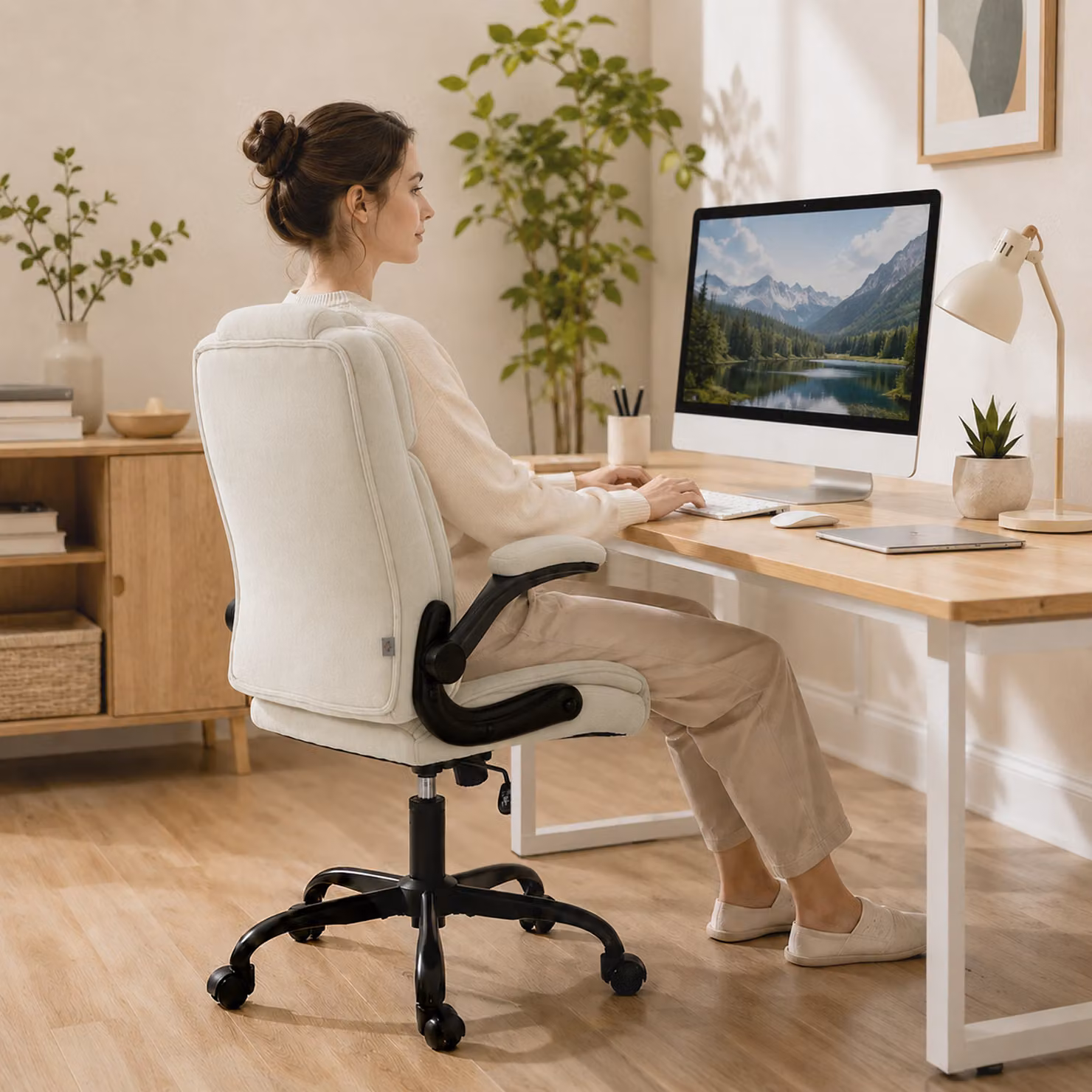 HOMCOM Ergonomic Beige Fabric Office Chair with Headrest and Adjustable Height – 7