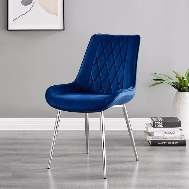 FurnitureboxUK Pesaro Navy Blue Velvet Dining Chairs with Silver Metal Legs, Set of 2 – 1