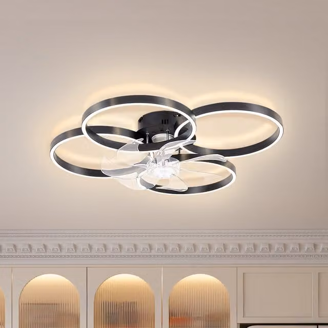 Livingandhome RGB 4-Circle LED Ceiling Fan Light with Remote Control and Timer in Black and Transparent