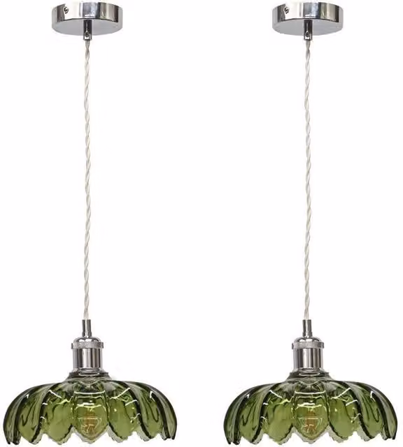 First Choice Lighting Alice Set of 2 Green Leaf Design Glass Pendant Shades with Chrome Flex