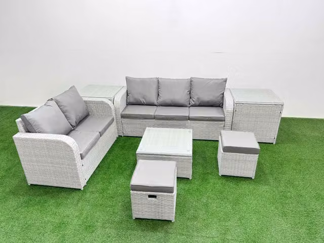 Fimous 7 Seater Grey PE Rattan Wicker Garden Furniture Set with L-Shape Sofa, Coffee Table and Ottomans