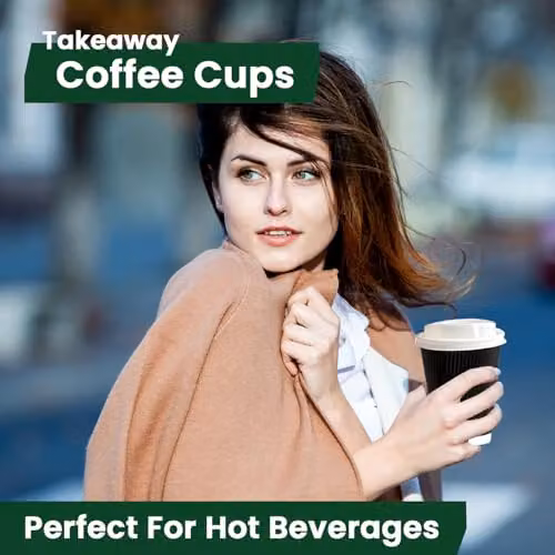 ECONX 50 x 8oz Black Ripple Triple Wall Disposable Paper Coffee Cups with White Sip Through Lids – 8