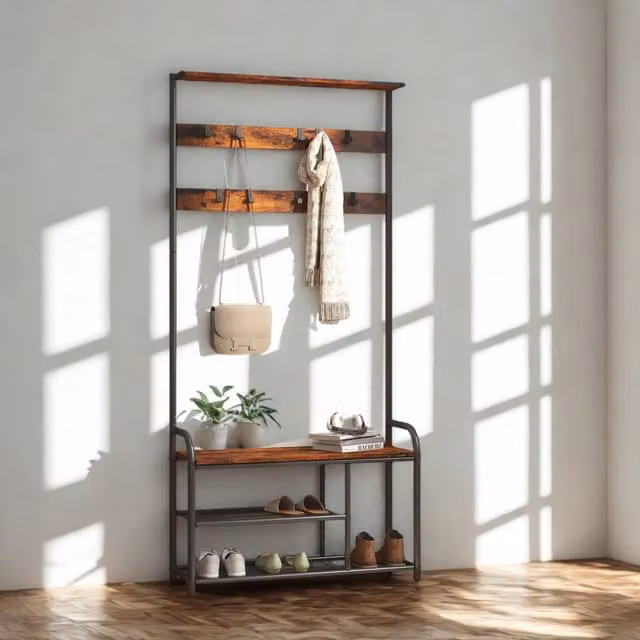 Pirlo Plush Rustic Brown Hall Tree with Bench and Metal Hooks