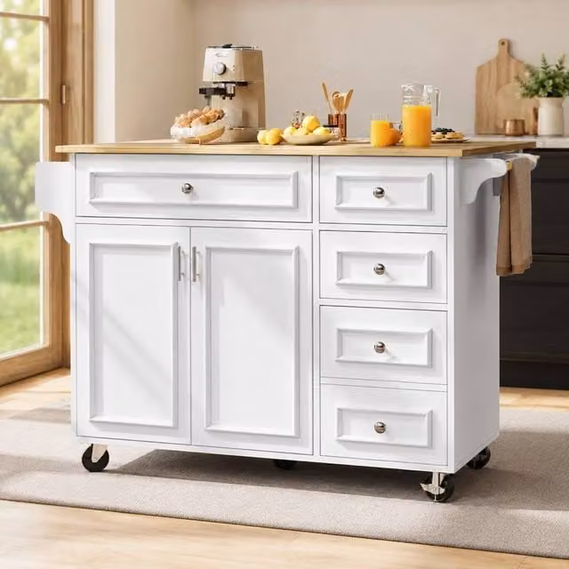 Merax Mobile Kitchen Island Serving Trolley with Foldable Worktop and 4 Drawers, White, W/D/H: 92 x 75 x 110 cm – 1