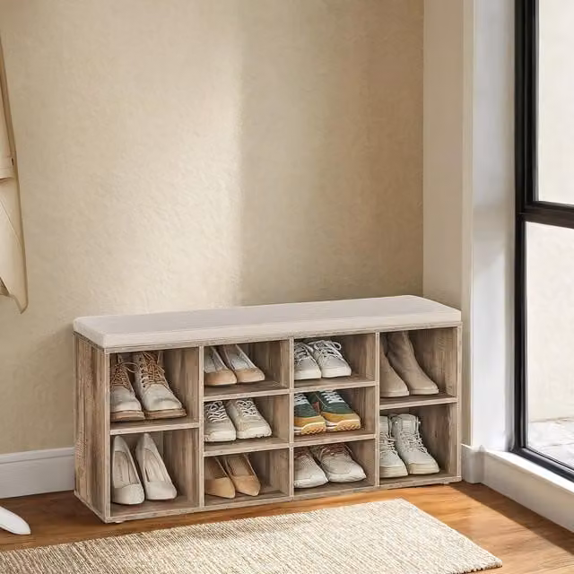 VASAGLE Scandinavian Style Shoe Bench with Fabric Cushion and Storage Compartments in Brown Oak MDF