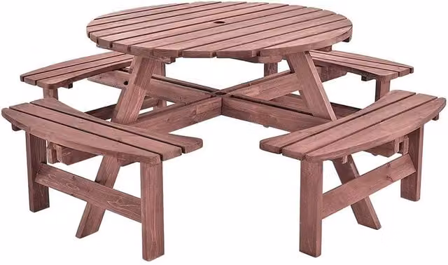 Hinsinc 8 Seater Wooden Round Picnic Table and Bench Set in Brown