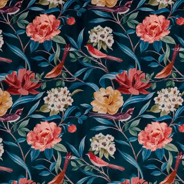Terrys Shangri La Jade Floral Velvet Fabric Panel in Red, Blue and Multicolour