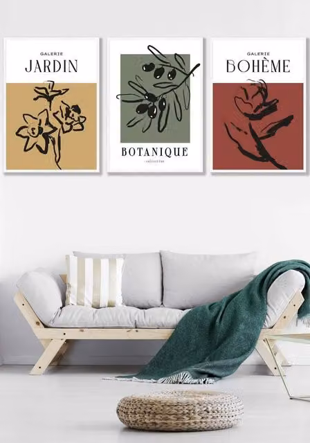 ARTZE Set of 3 Multicolour Botanical Sketch Wall Art with White Frames, W45 x H62 x D2 cm