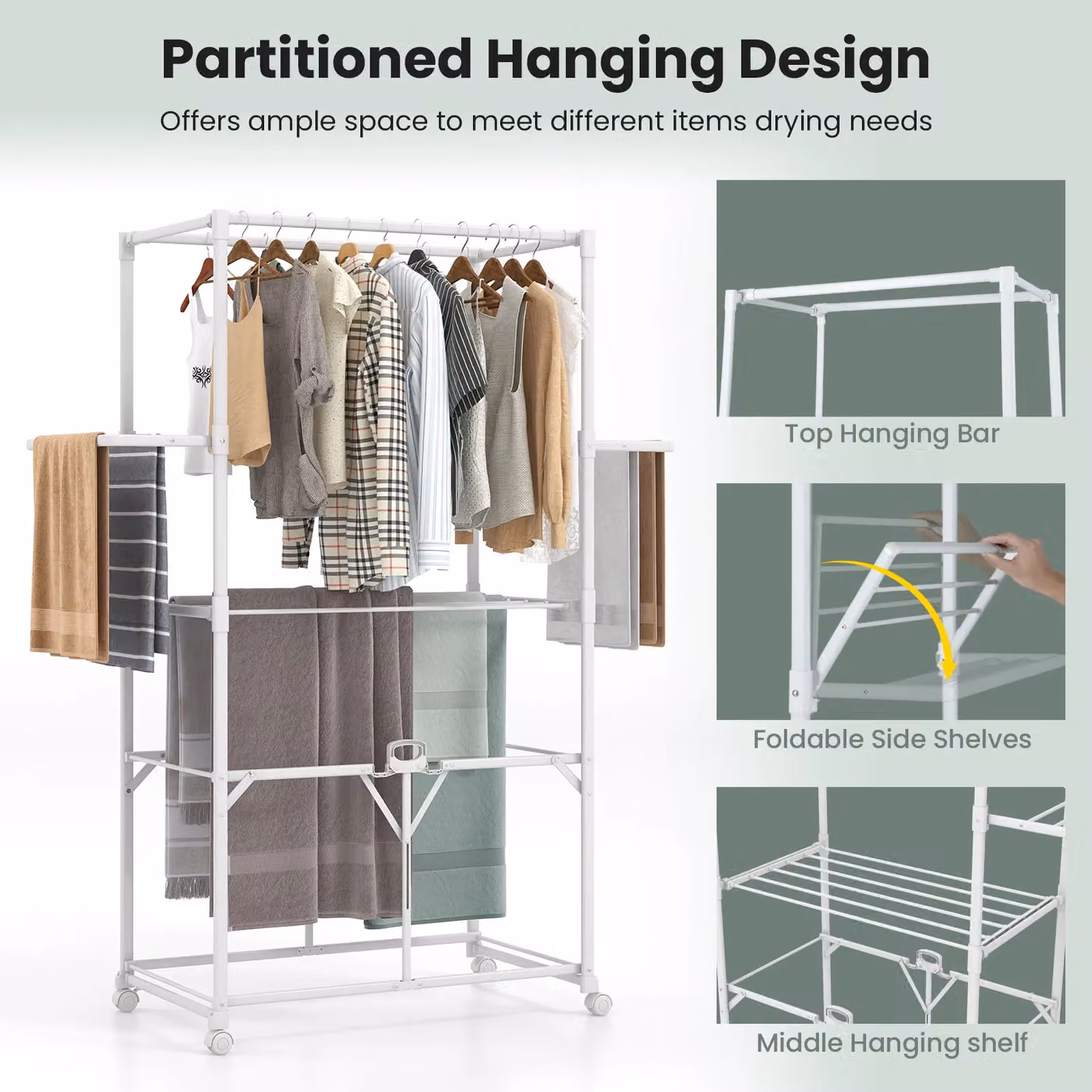 Costway H-shaped Collapsible Clothes Drying Rack with Lockable Wheels in White – 4