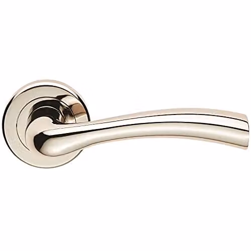 Loops Pair of Curved Flared Door Handles with Concealed Fix Round Rose in Polished Nickel