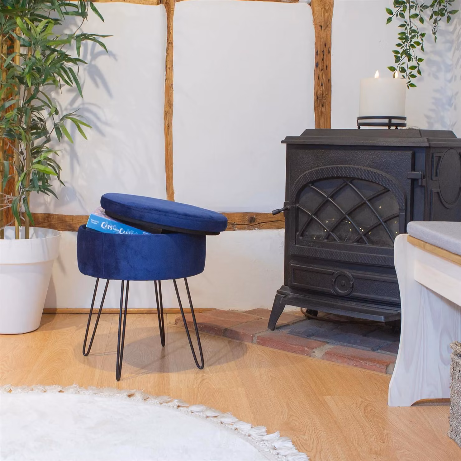 Harbour Housewares Pack of 2 Round Velvet Storage Footstools in Blue, H 45 cm x D 36 cm – 5
