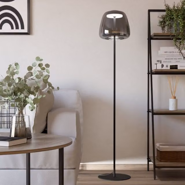 Eglo Alfero Z Smart Control LED Floor Lamp with Dimmable RGBW Glass Shade in Black and Chrome