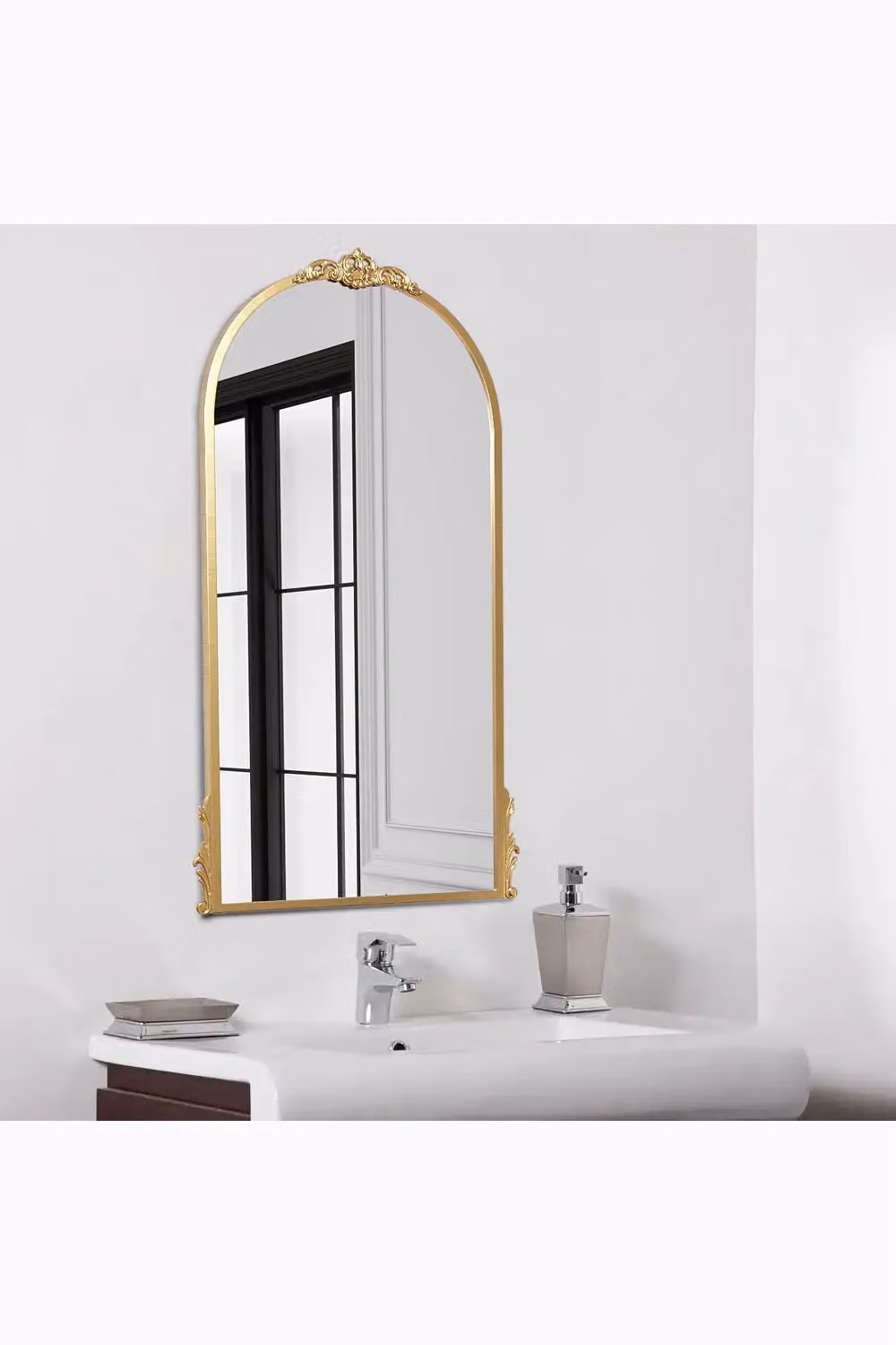 Living and Home Art Deco Gold Floral Carved Metal Frame Arch Wall Mirror, W: 60 cm, H: 120 cm – 2