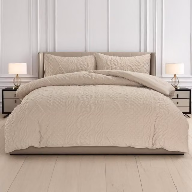 Velosso Modern Floral 3D Embossed Chunky Knit Pattern Duvet Set and Pillowcase in Beige, 200 x 200 cm