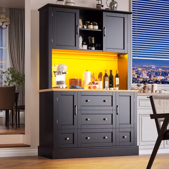 Merax Modern Black Tall Kitchen Cabinet with Integrated Lighting and Drawers, H 180 x W 40 x D 40 cm