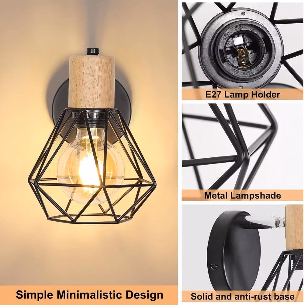 COMELY Set of 2 Industrial Black and Wood Adjustable Wall Lights – 6