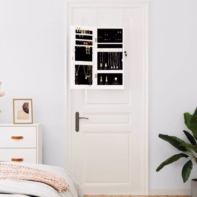 Berkfield Home White Wall Mounted Mirror Jewellery Cabinet with Lock, W/D/H: 30 x 8.5 x 67 cm