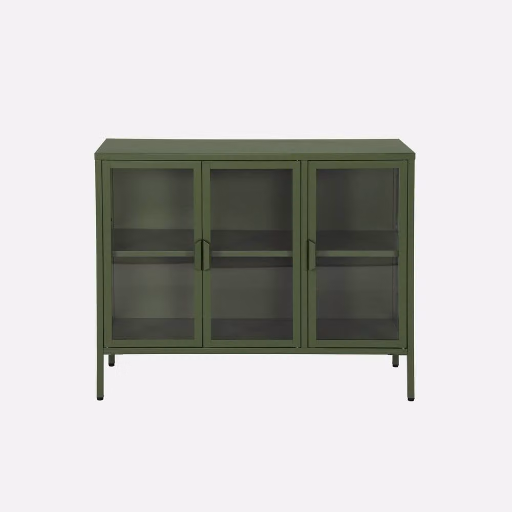 Sweekeek Industrial Metal and Tempered Glass Sideboard with 3 Doors, Green, W: 100 cm – 2