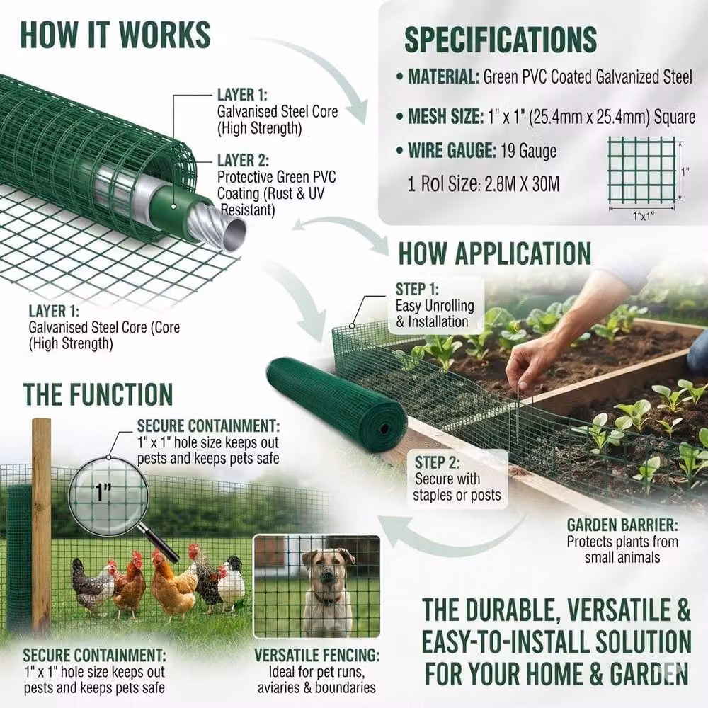 Hygrad Built to Survive PVC Coated Galvanised Steel Mesh Wire Garden Fencing Barrier, Green, H: 120 cm x L: 30 m – 2