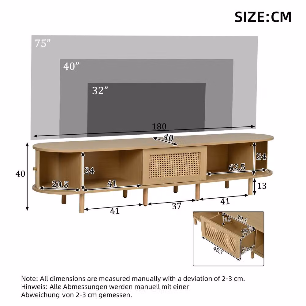 Merax Oval Rattan TV Stand in Light Oak with Sliding Doors and Drawer for TVs up to 70 Inch – 2
