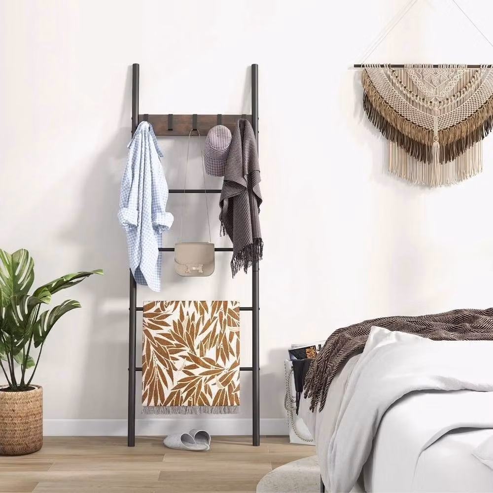 VOGREX 5-Tier Freestanding Leaning Blanket Ladder with 5 Removable Hooks in Brown – 2