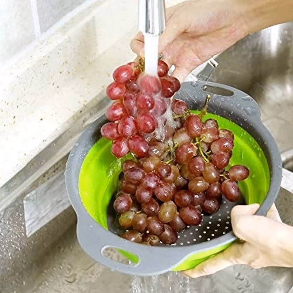 FLAVORA Collapsible Round Colander and Fruit Veg Strainer with Handles in Green – 4