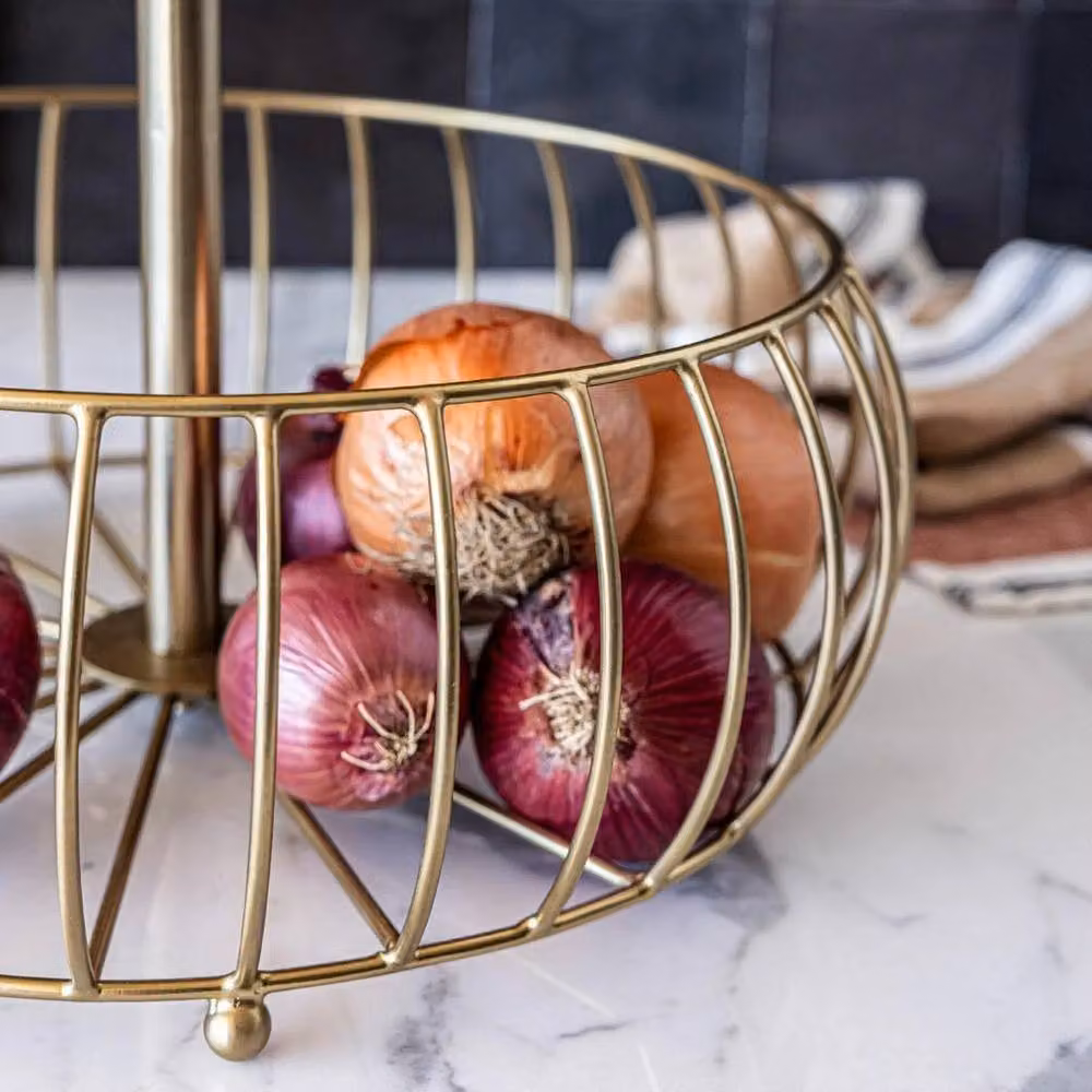 VOGREX 2-Tier Metal Wire Fruit Basket Stand in Gold – 2
