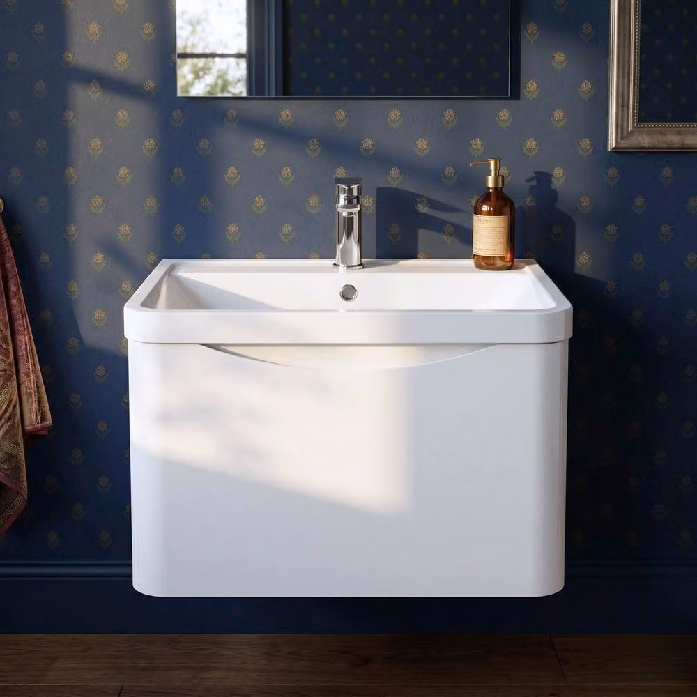 Balterley White Wall Hung 1 Drawer Bathroom Vanity with Polymarble Basin, Width: 60 cm – 5