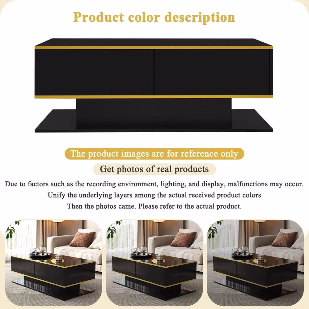 Merax Modern High-Gloss Coffee Table with Gold Accents and LED Lighting in Black and Gold, W/D/H: 100 x 50 x 40 cm – 5