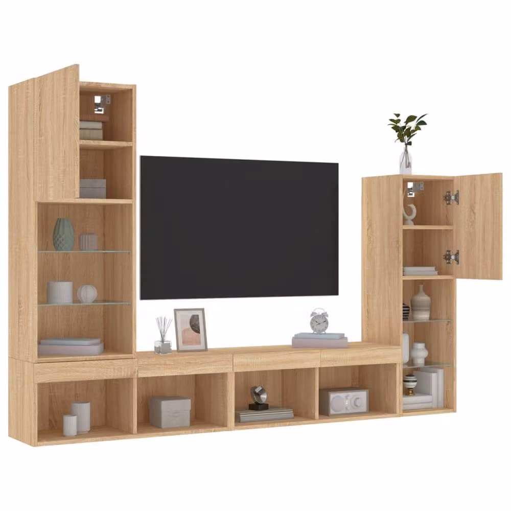 Berkfield Home 4 Piece Modern TV Wall Unit Set with Integrated LED Lighting in Sonoma Oak Brown – 3