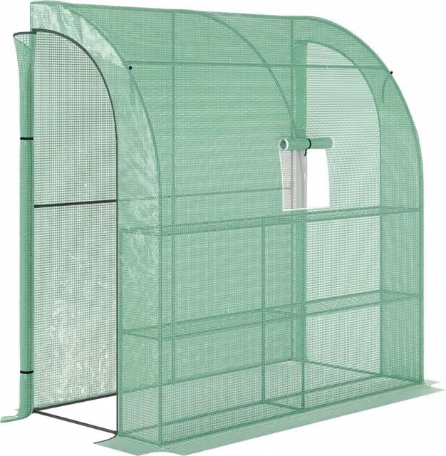 Outsunny Green Lean-to Greenhouse with Windows, Doors and 4 Wired Shelves, Green, W: 100 cm, D: 200 cm, H: 215 cm – 1