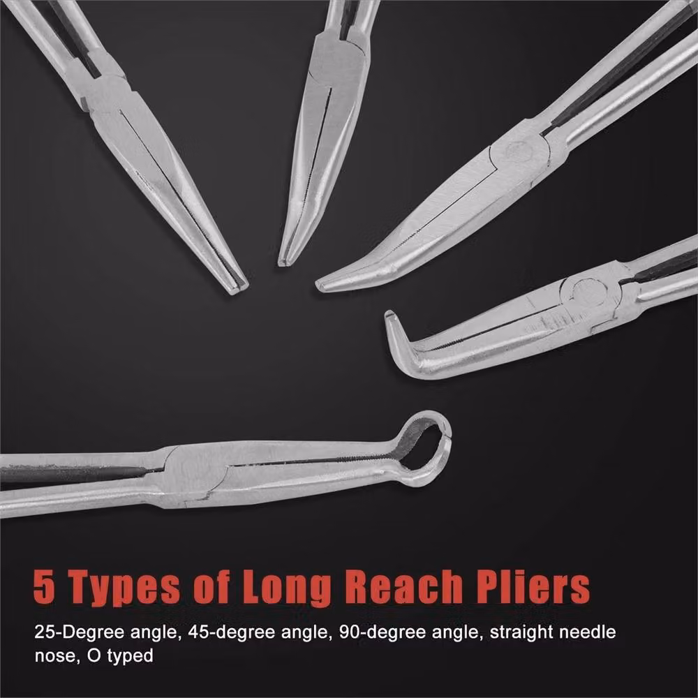 SPETLEK 7 Piece Long Reach Nose Pliers Set in Black with Straight, Bent and Hose Tip Styles, Length: 28 cm – 2