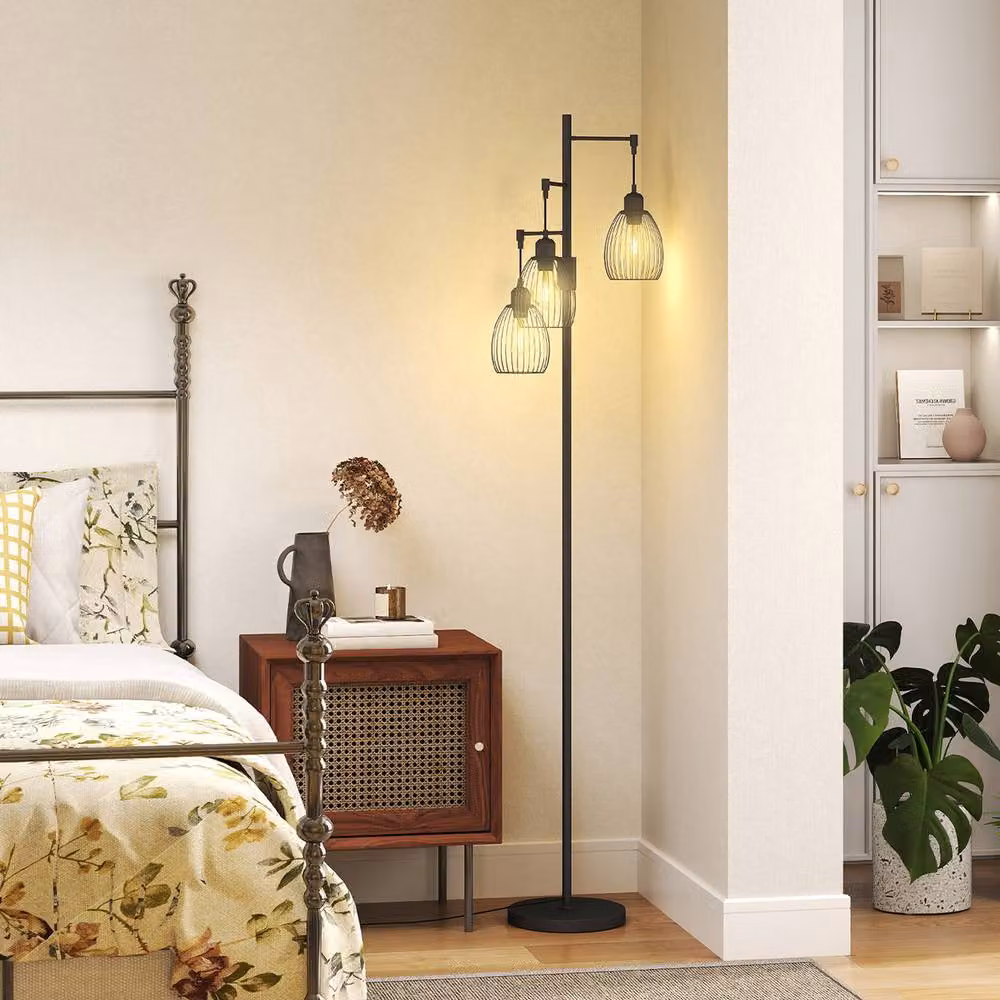 HOMCOM Industrial 3-Light Floor Lamp with Metal Lampshades in Black – 2