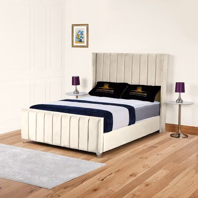 UK Bed Furniture Empire Winged Gas Lift Ottoman Upholstered Bed in Beige Velvet, Size: Double (140 x 200 cm) – 1