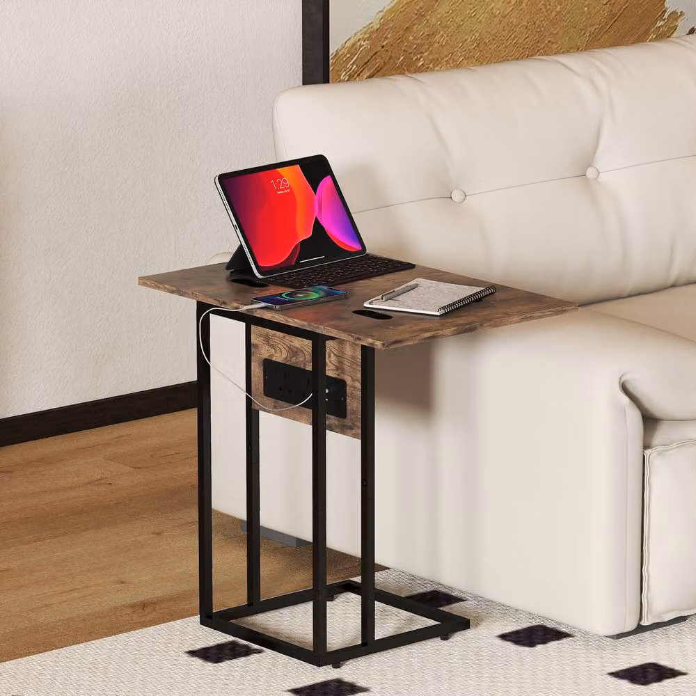 ERGOVEXA C Shaped Side Table with Charging Station and Foldable Drop Leaf Top in Rustic Brown and Black – 3