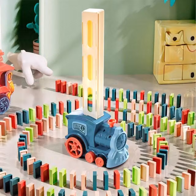 Livingandhome Blue Plastic Domino Toy Set with Electric Laying Train