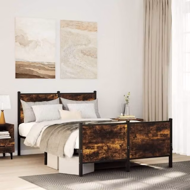 Berkfield Home Metal Bed Frame in Smoked Oak Brown, W/D/H: 120 x 190 cm