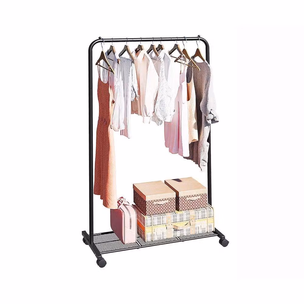 Pirlo Plush Metal Clothes Rail with Storage Shelf on Wheels in Matt Black – 4