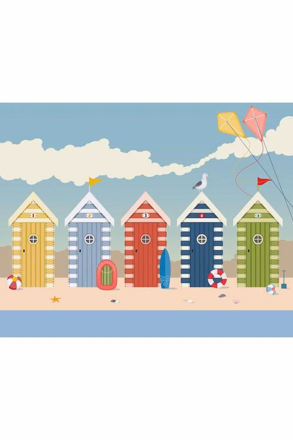 Origin Murals Beach Huts Wall Mural in Blue and Multicolour, W: 300 cm, H: 240 cm – 2