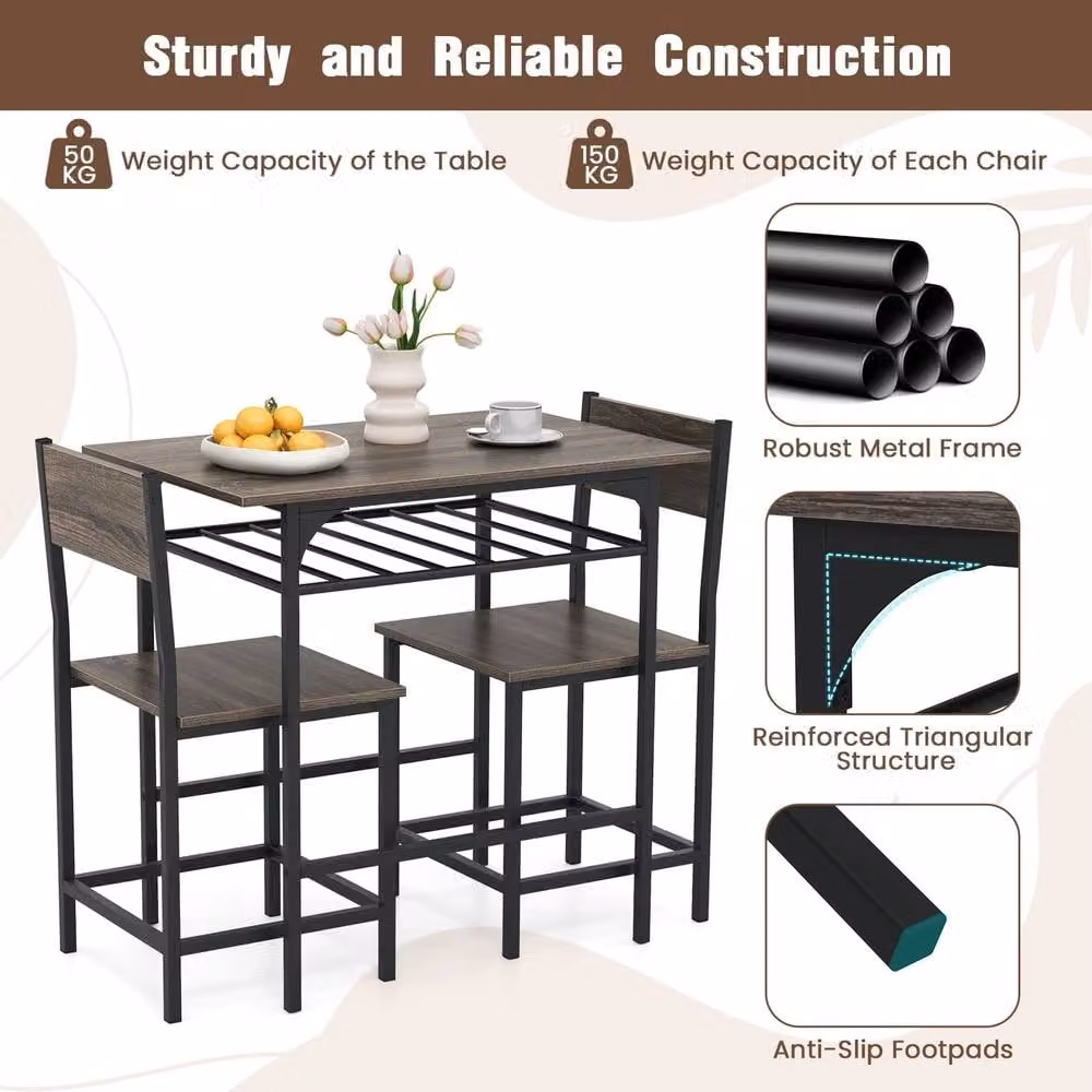 Costway 3-Piece Retro Dining Table and Chair Set, Grey Rectangular Wood Table with Metal Frame for 2 Adults – 4