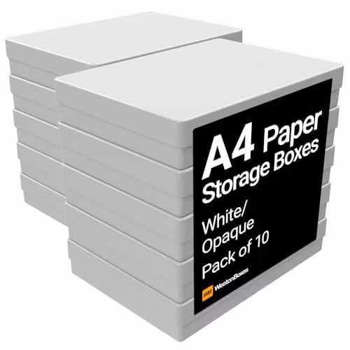 WestonBoxes A4 Plastic Craft Storage Boxes with Lids, White, Pack of 10 – 2